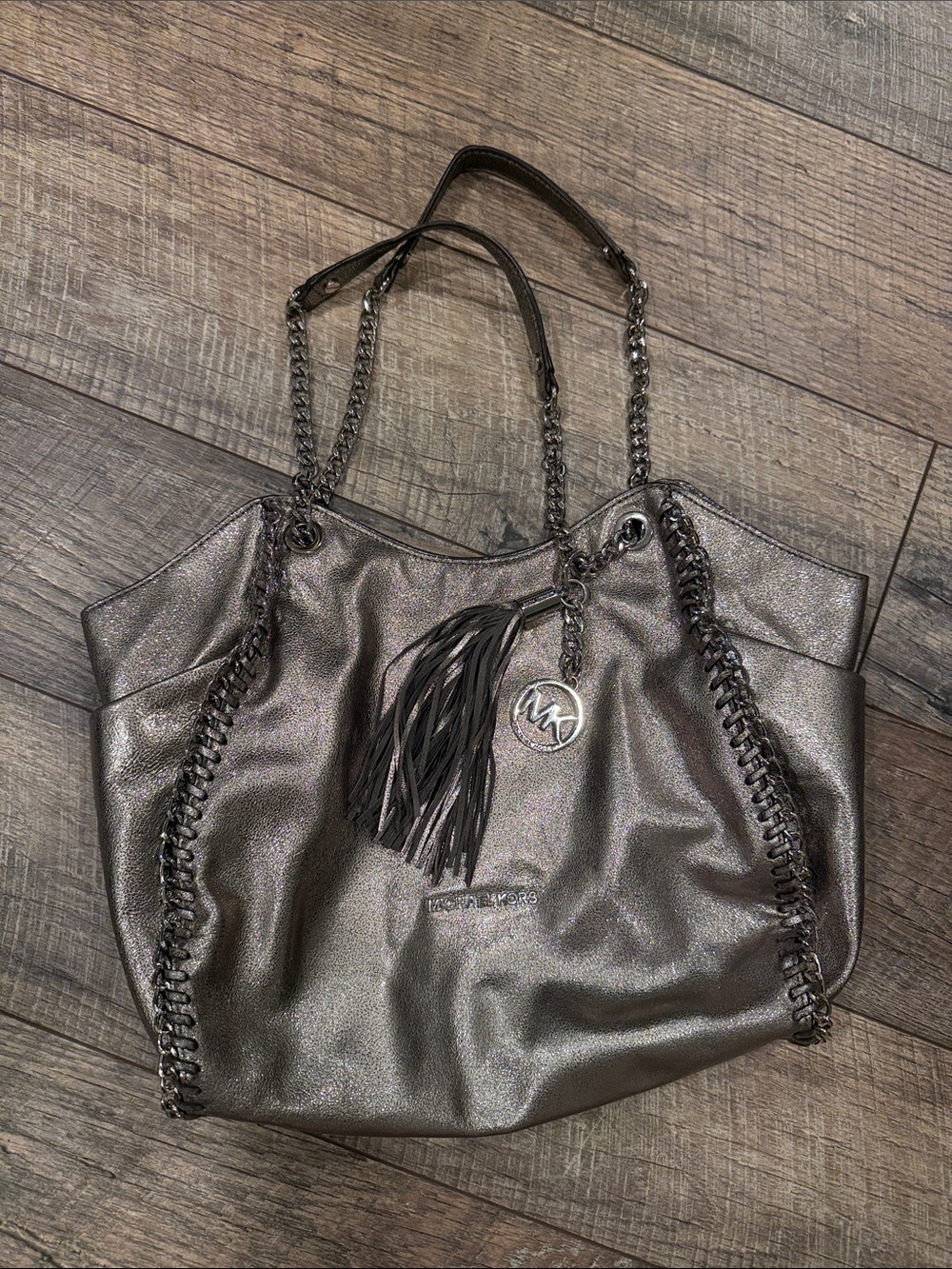 Michael Kors Metallic Pewter Leather Tote with Fringe Charm